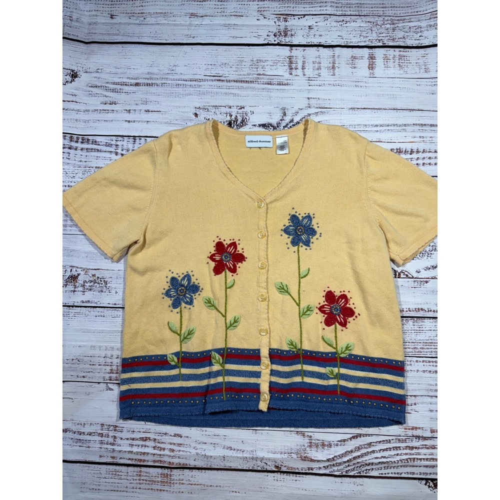 Alfred Dunner Womens Yellow Floral Embroidered Short Sleeve Cardigan Sweater L